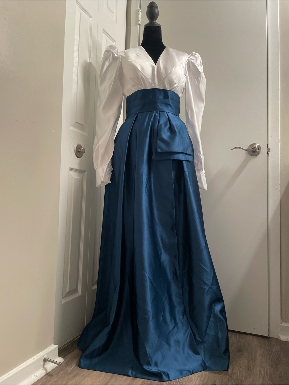White Satin Bodice with Deep Teal Full-Length dress